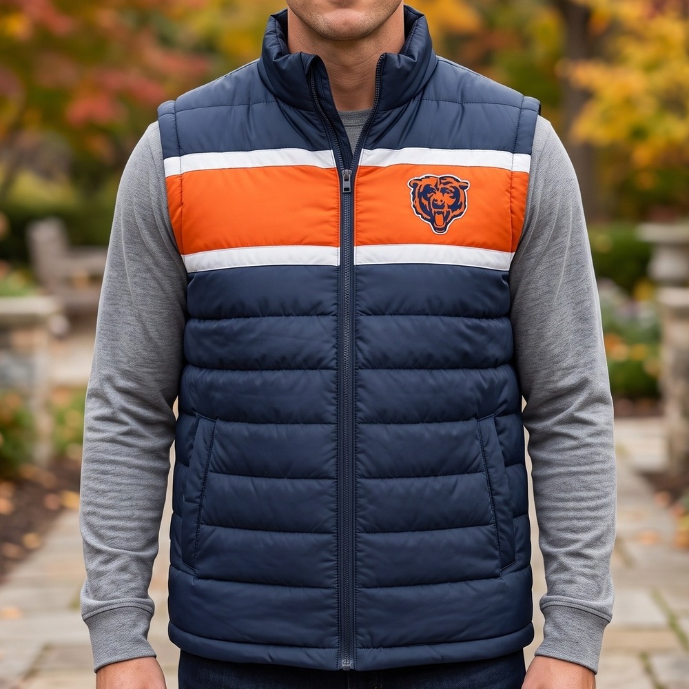 NFL Team Apparel Chicago Bears Navy Blue Orange Puffer Vest NWT